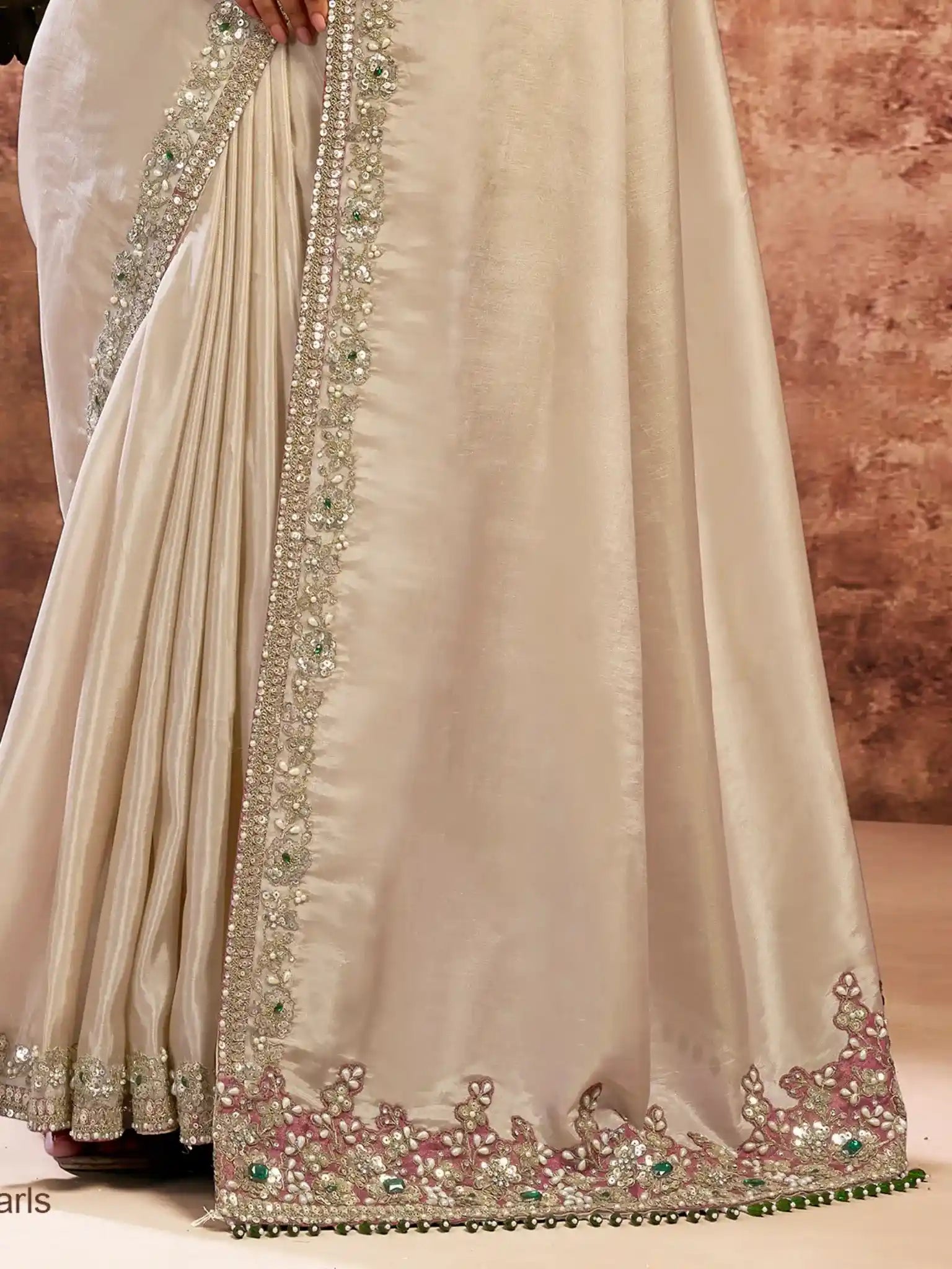 Beige Uppada Silk Multi Thread Floral Embroidery Saree - View 3