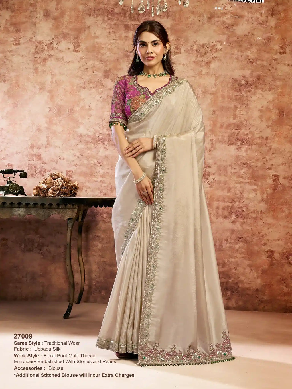 Beige Uppada Silk Multi Thread Floral Embroidery Saree - View 1