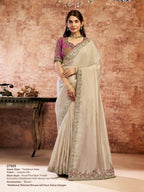 Beige Uppada Silk Multi Thread Floral Embroidery Saree - View 1