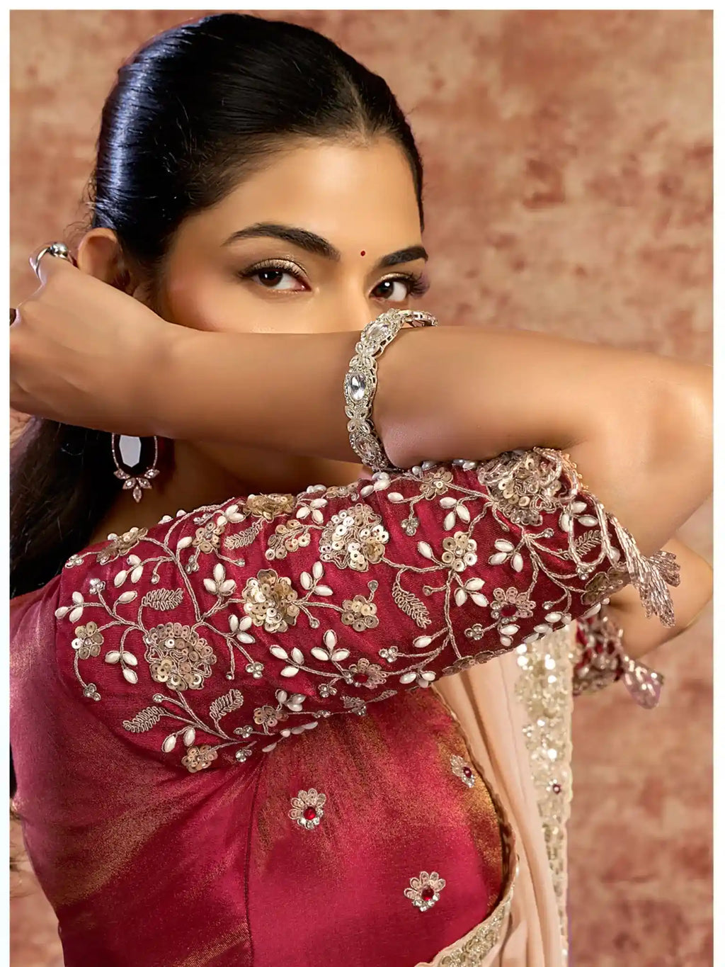 Peach Lustrous Satin Silk Sequins & Stone Embroidery Saree - View 2