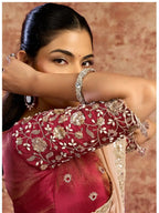Peach Lustrous Satin Silk Sequins & Stone Embroidery Saree - View 2