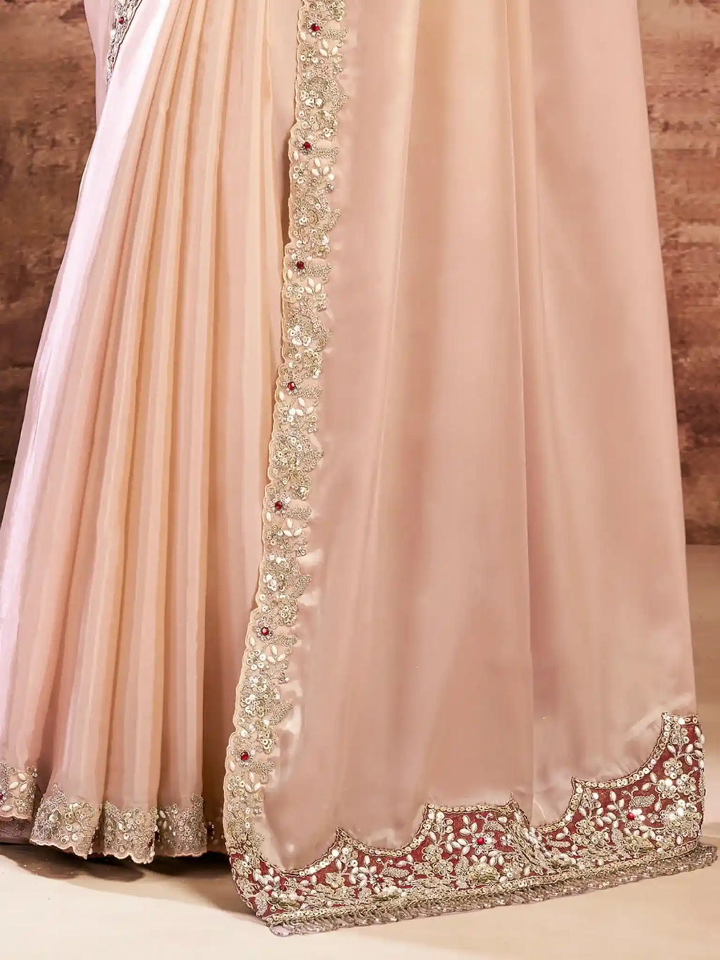 Peach Lustrous Satin Silk Sequins & Stone Embroidery Saree - View 3