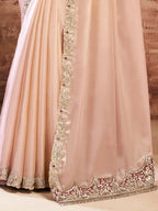 Peach Lustrous Satin Silk Sequins & Stone Embroidery Saree - View 3