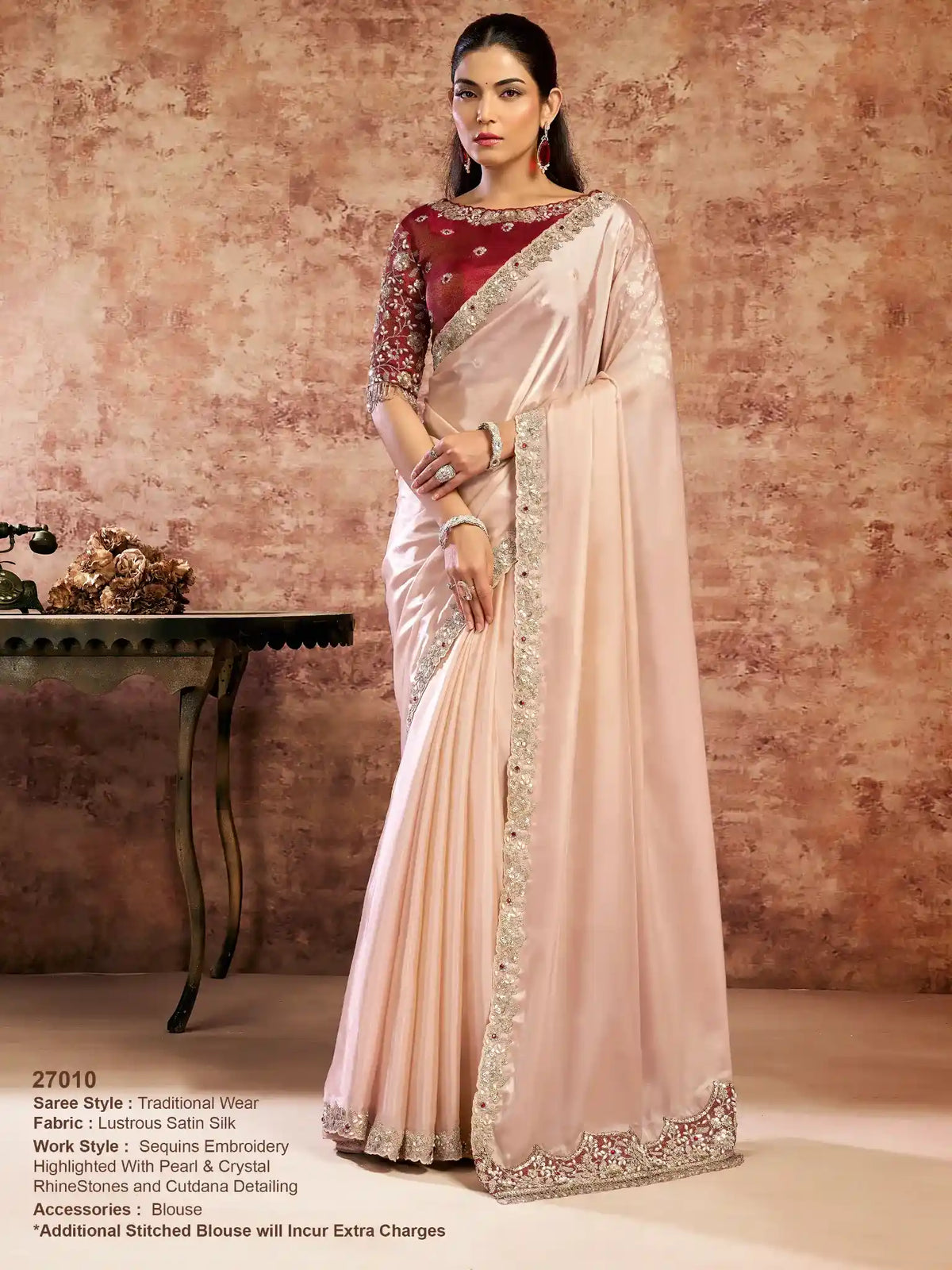 Peach Lustrous Satin Silk Sequins & Stone Embroidery Saree - View 1
