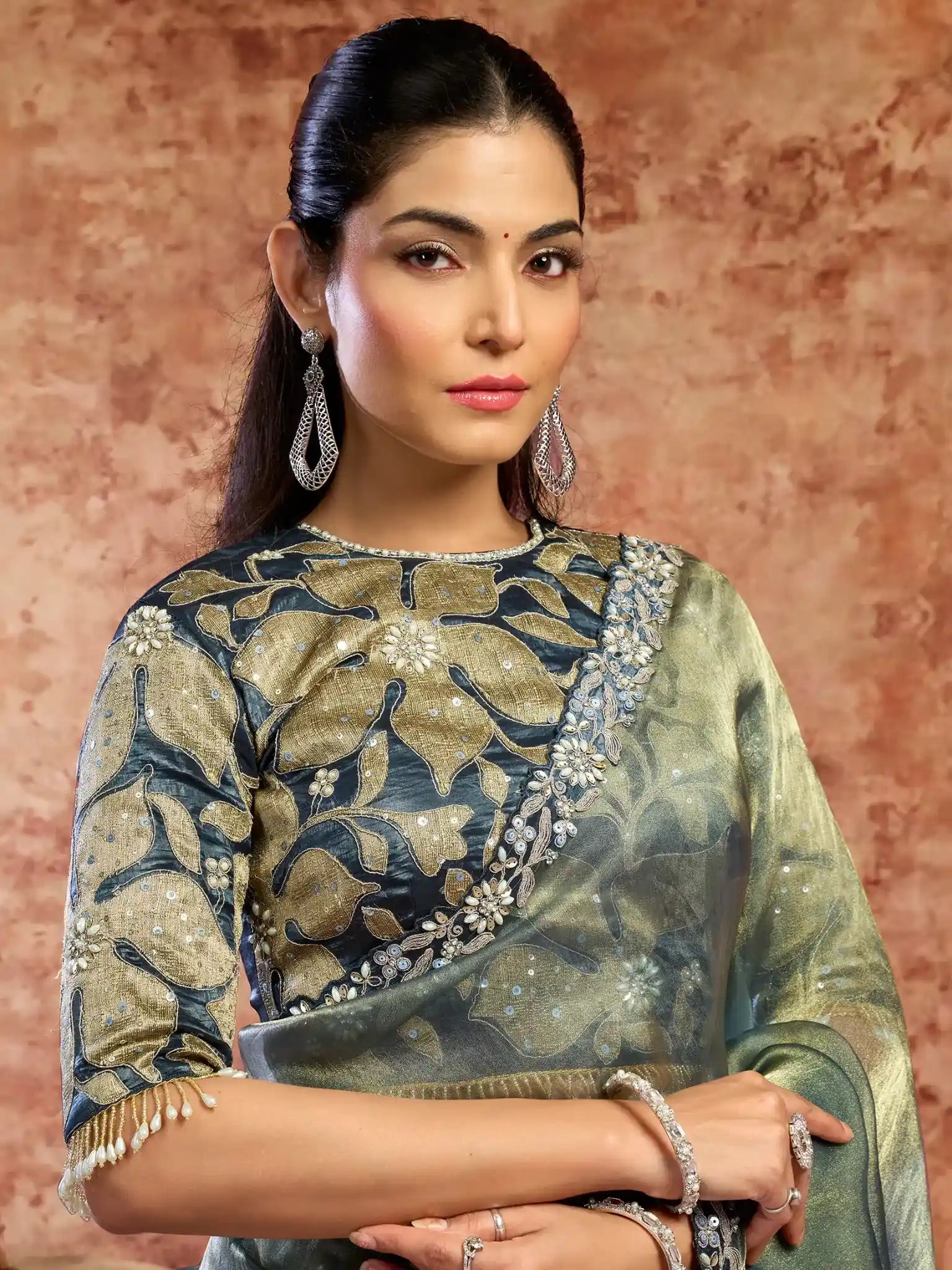 Sage Green Zari Organza Satin Floral Applique & Sequins Work Saree - View 2