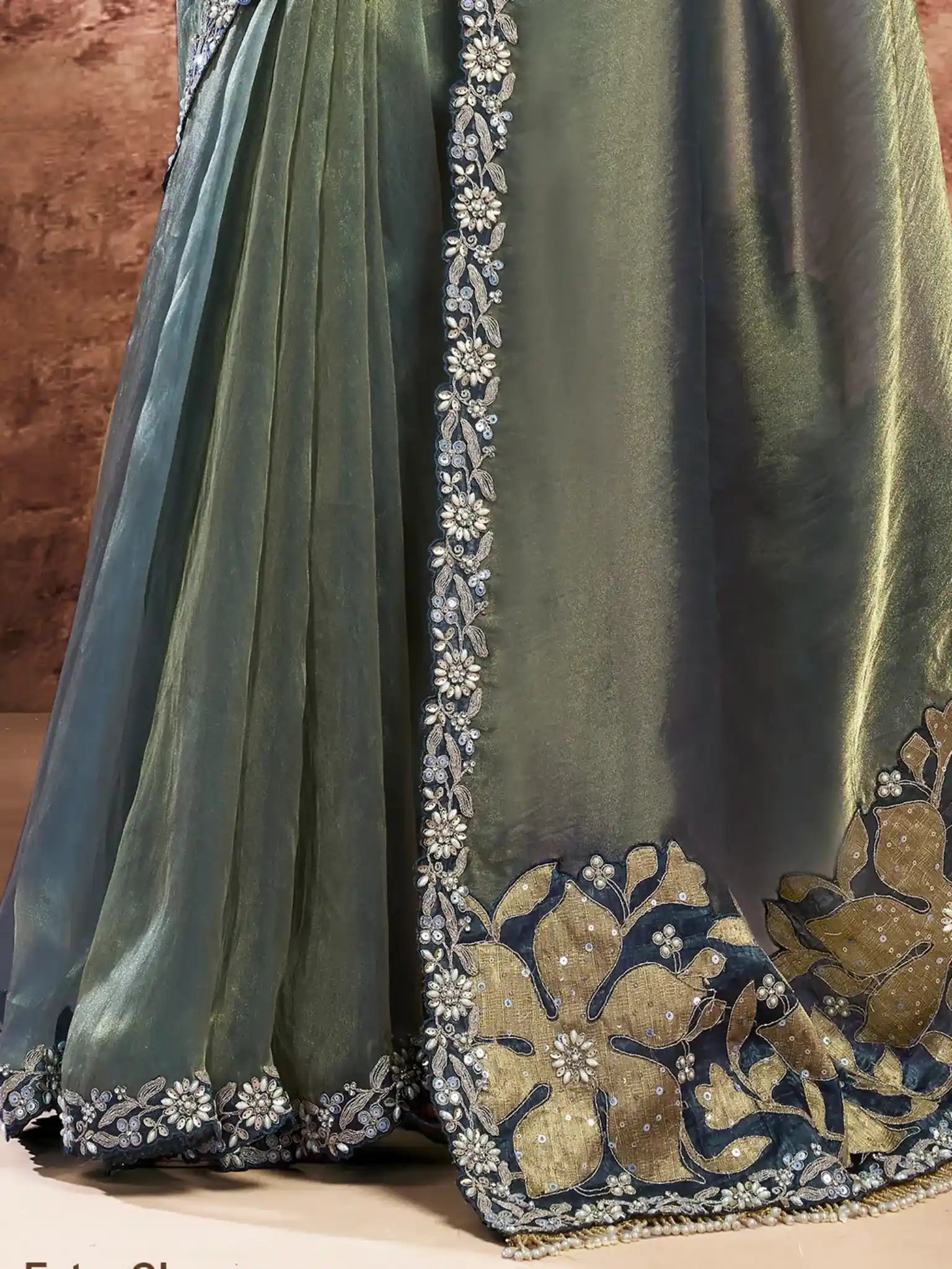 Sage Green Zari Organza Satin Floral Applique & Sequins Work Saree - View 3