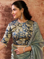 Sage Green Zari Organza Satin Floral Applique & Sequins Work Saree - View 4