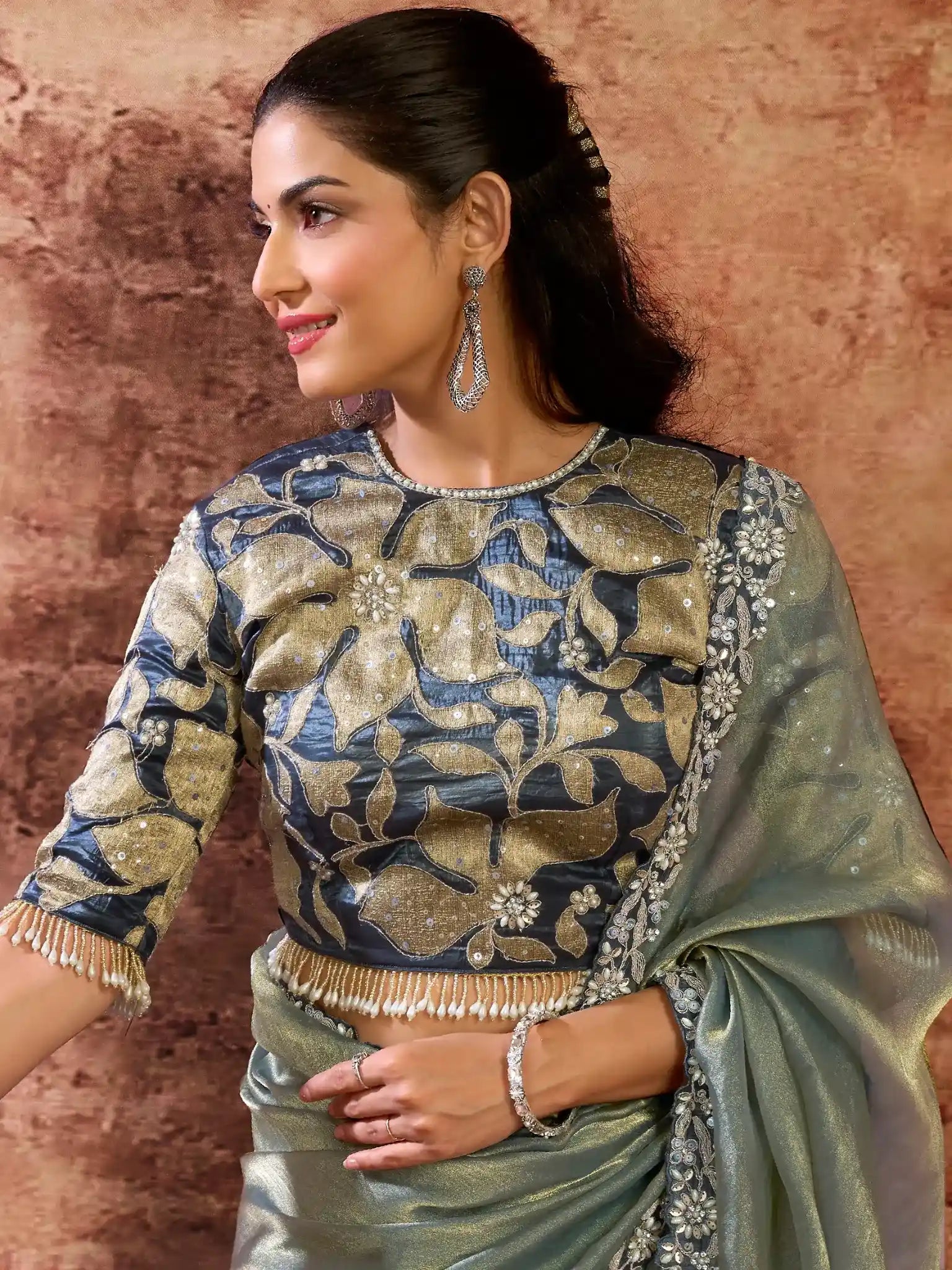 Sage Green Zari Organza Satin Floral Applique & Sequins Work Saree - View 4