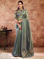 Sage Green Zari Organza Satin Floral Applique & Sequins Work Saree - View 5
