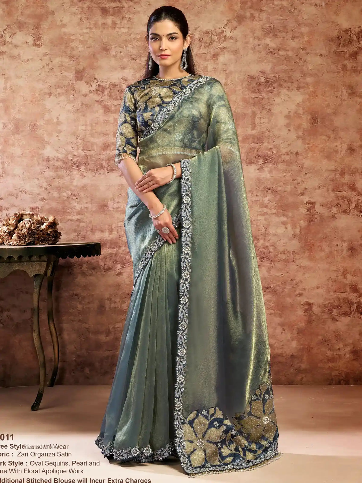 Sage Green Zari Organza Satin Floral Applique & Sequins Work Saree - View 5