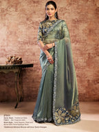 Sage Green Zari Organza Satin Floral Applique & Sequins Work Saree - View 1