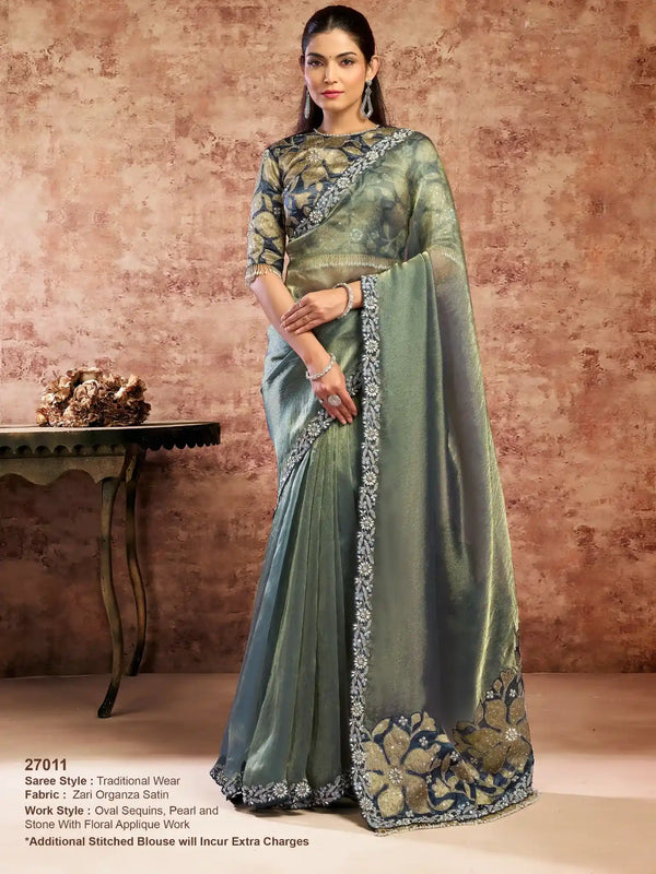 Sage Green Zari Organza Satin Floral Applique & Sequins Work Saree - View 1