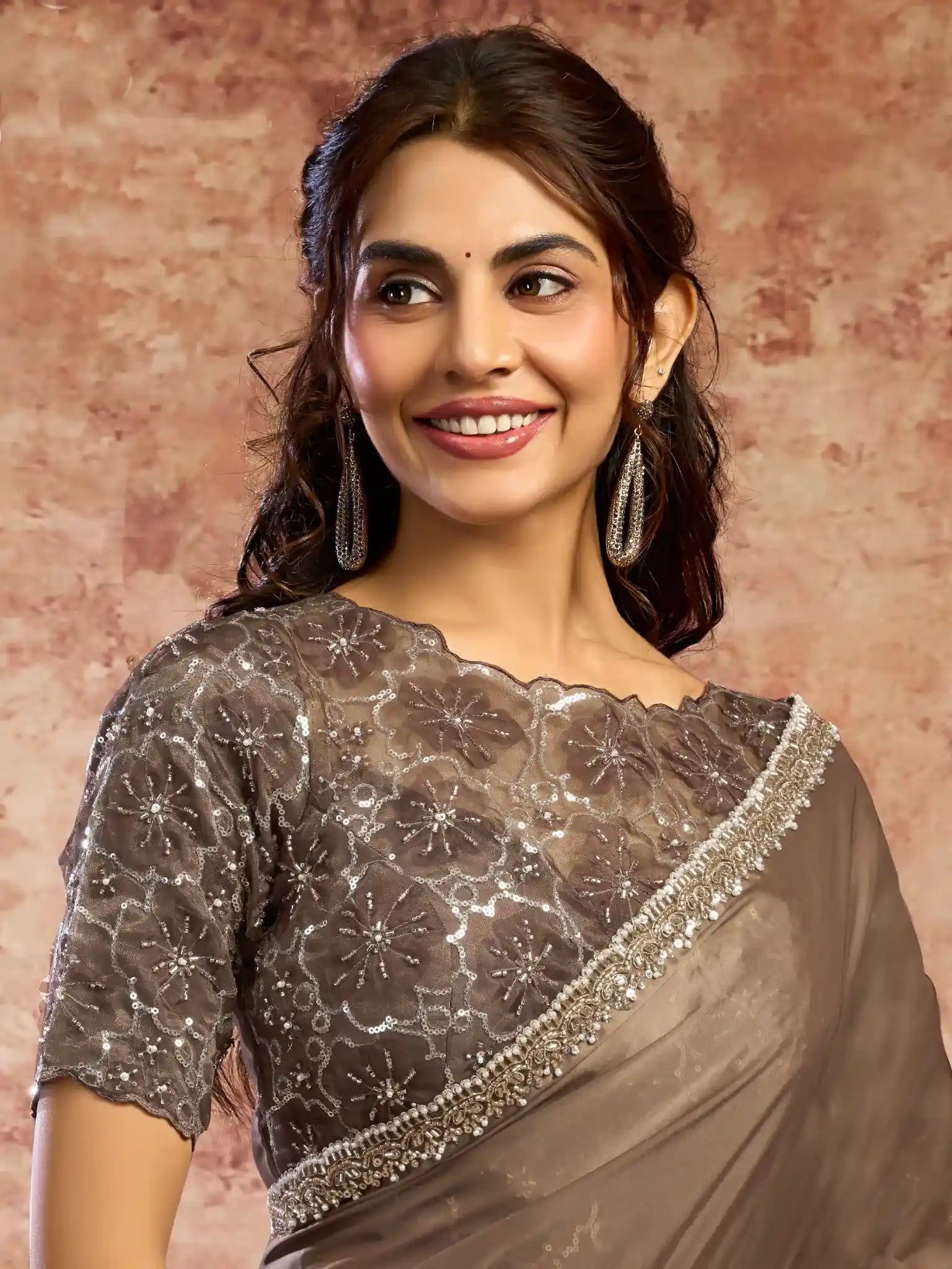 Taupe Lustrous Satin Silk Beads & Applique Work Saree - View 2