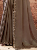 Taupe Lustrous Satin Silk Beads & Applique Work Saree - View 3