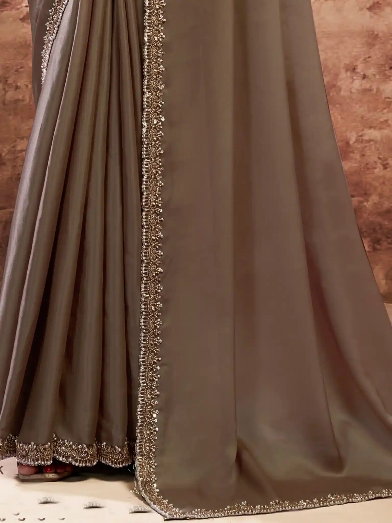 Taupe Lustrous Satin Silk Beads & Applique Work Saree - View 3