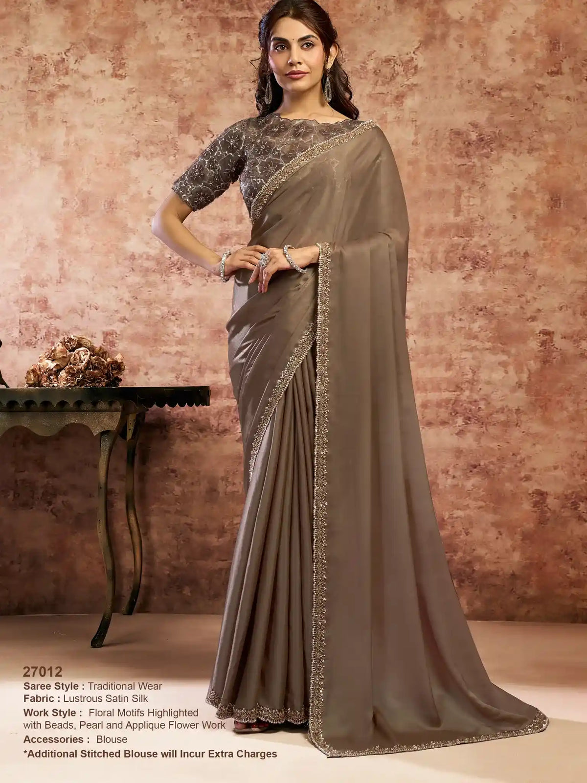 Taupe Lustrous Satin Silk Beads & Applique Work Saree - View 1
