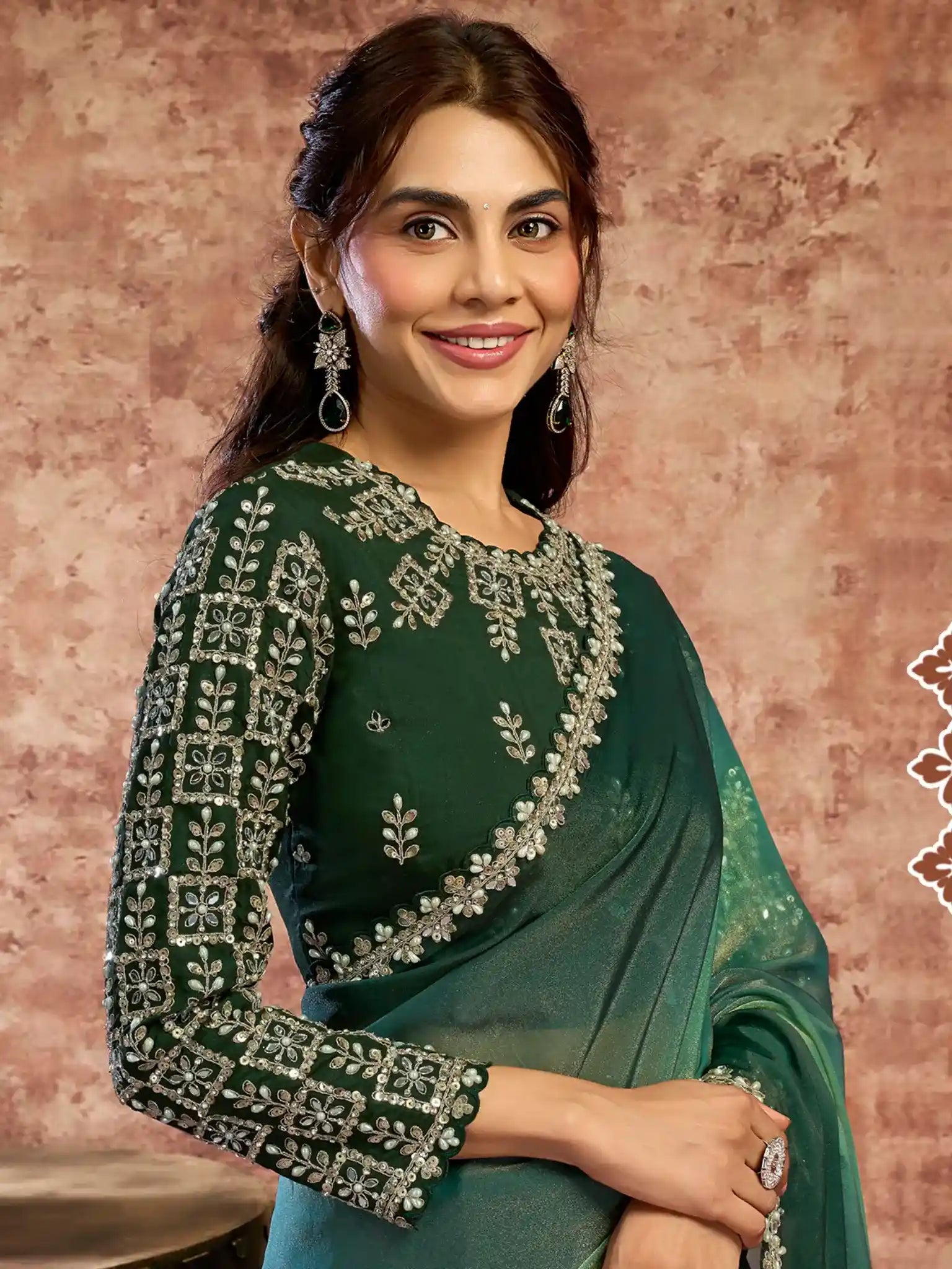 Teal Green Soft Georgette Satin Dual Sequins & Pearl Work Saree - View 2