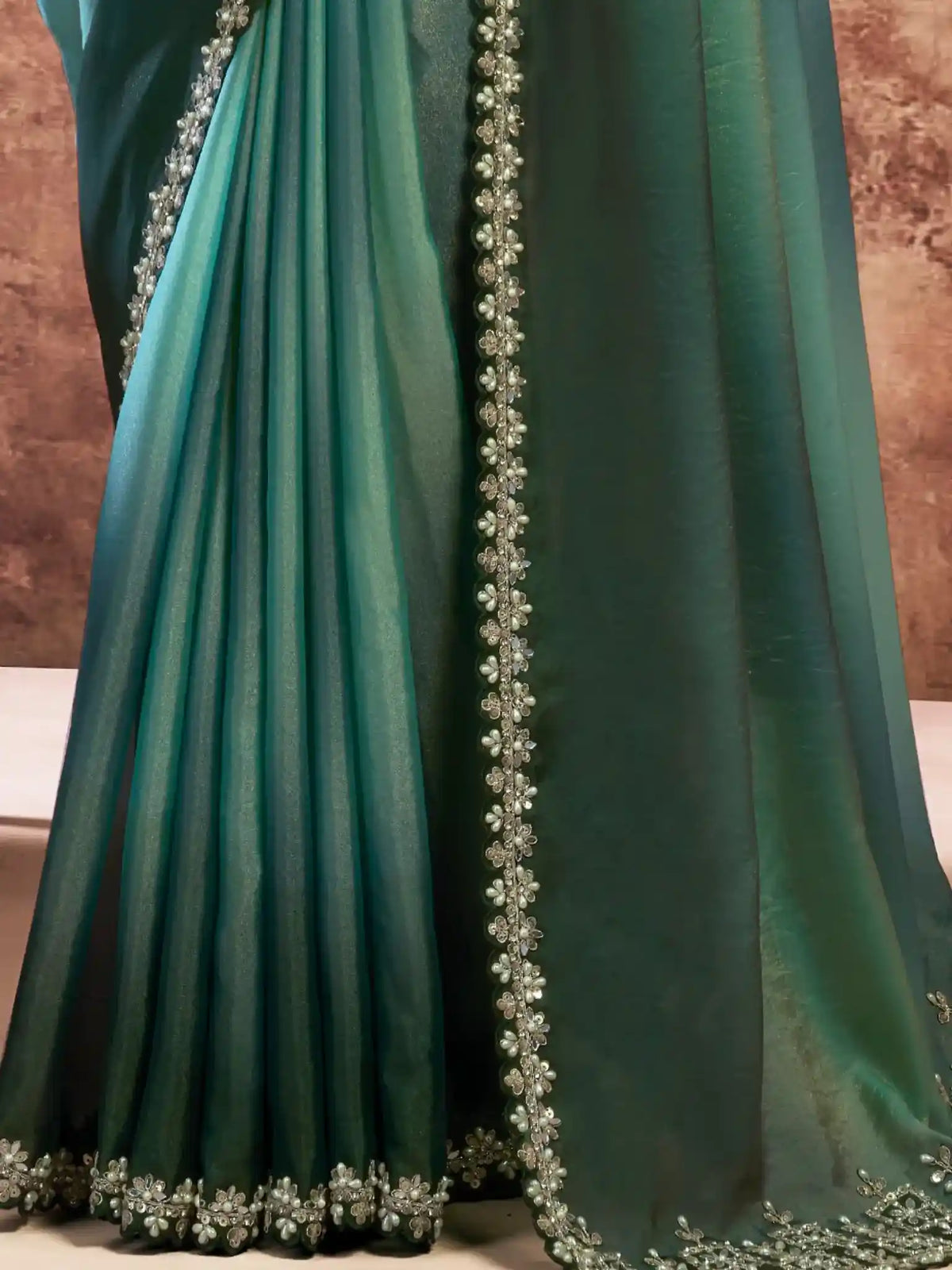 Teal Green Soft Georgette Satin Dual Sequins & Pearl Work Saree - View 3
