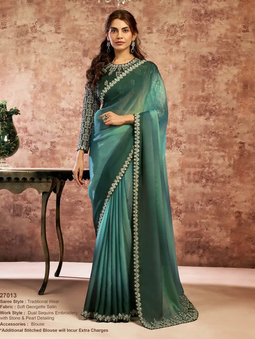 Teal Green Soft Georgette Satin Dual Sequins & Pearl Work Saree - View 1