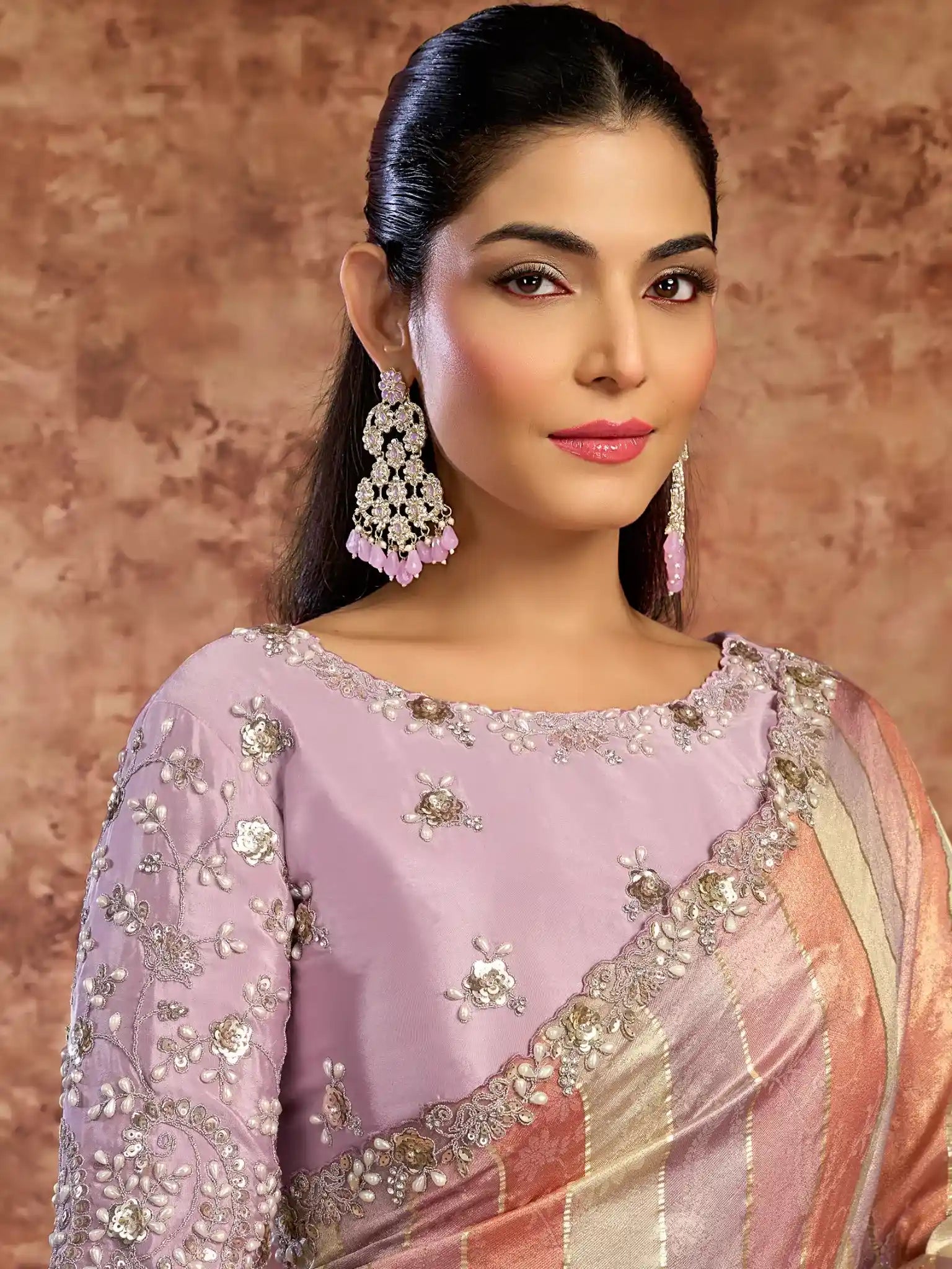 Multicolor Pure Crepe Satin Weaved Silk Sequins & Pearl Embroidery Saree - View 2