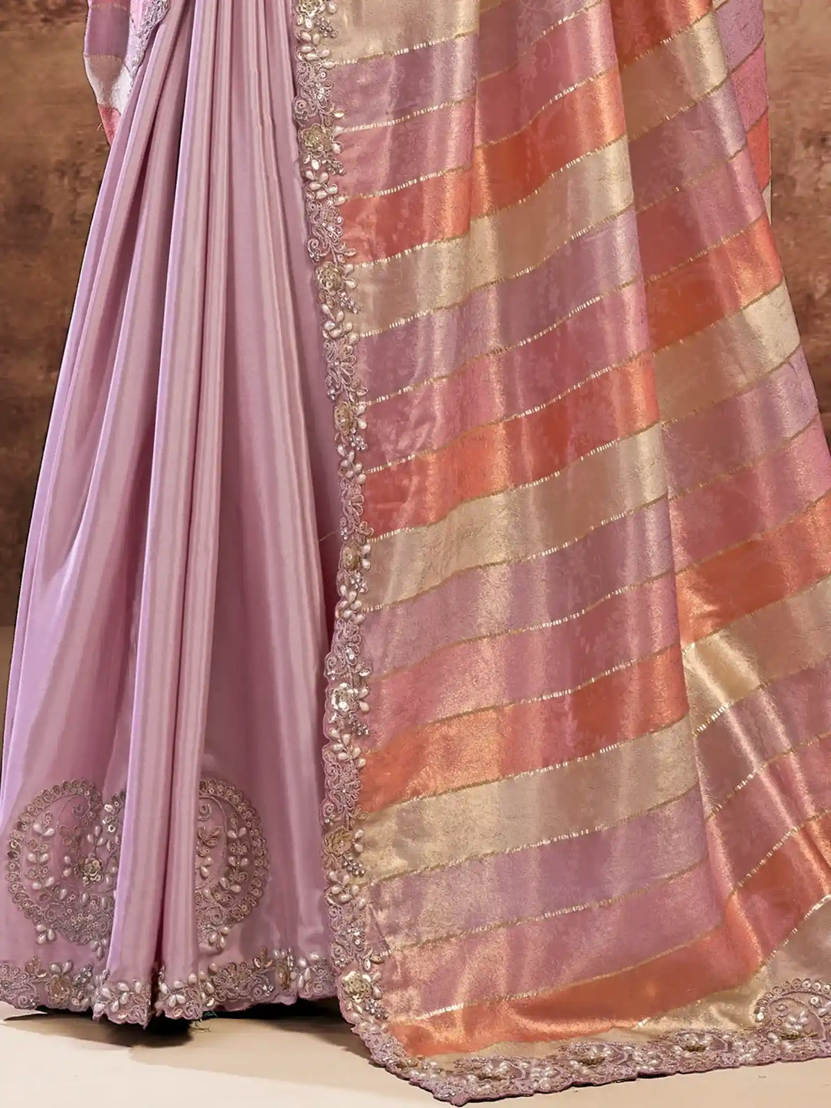 Multicolor Pure Crepe Satin Weaved Silk Sequins & Pearl Embroidery Saree - View 3