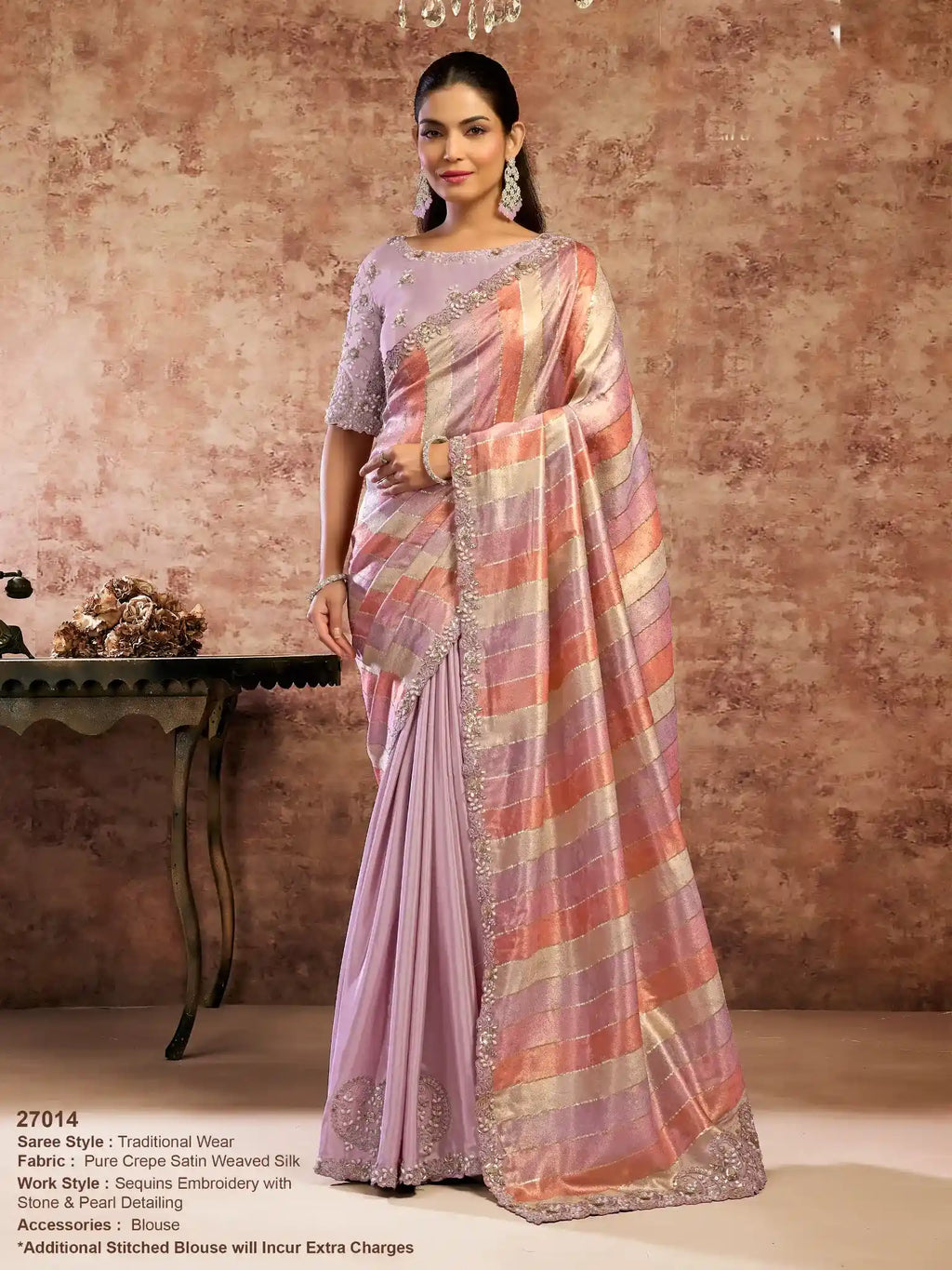 Multicolor Pure Crepe Satin Weaved Silk Sequins & Pearl Embroidery Saree - View 1