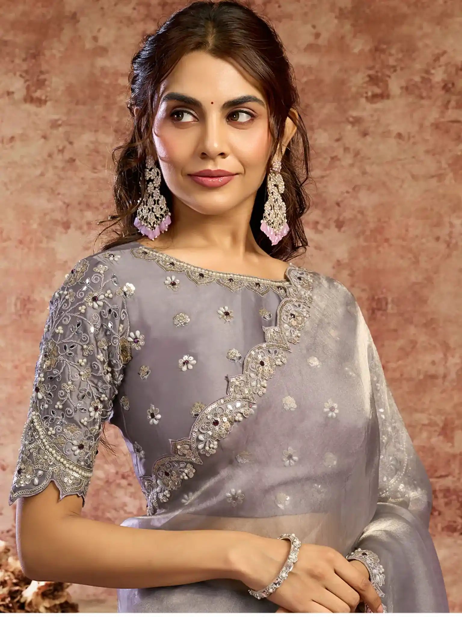 Grey Zari Organza Satin Dual Sequins & Stone Handwork Saree - View 2