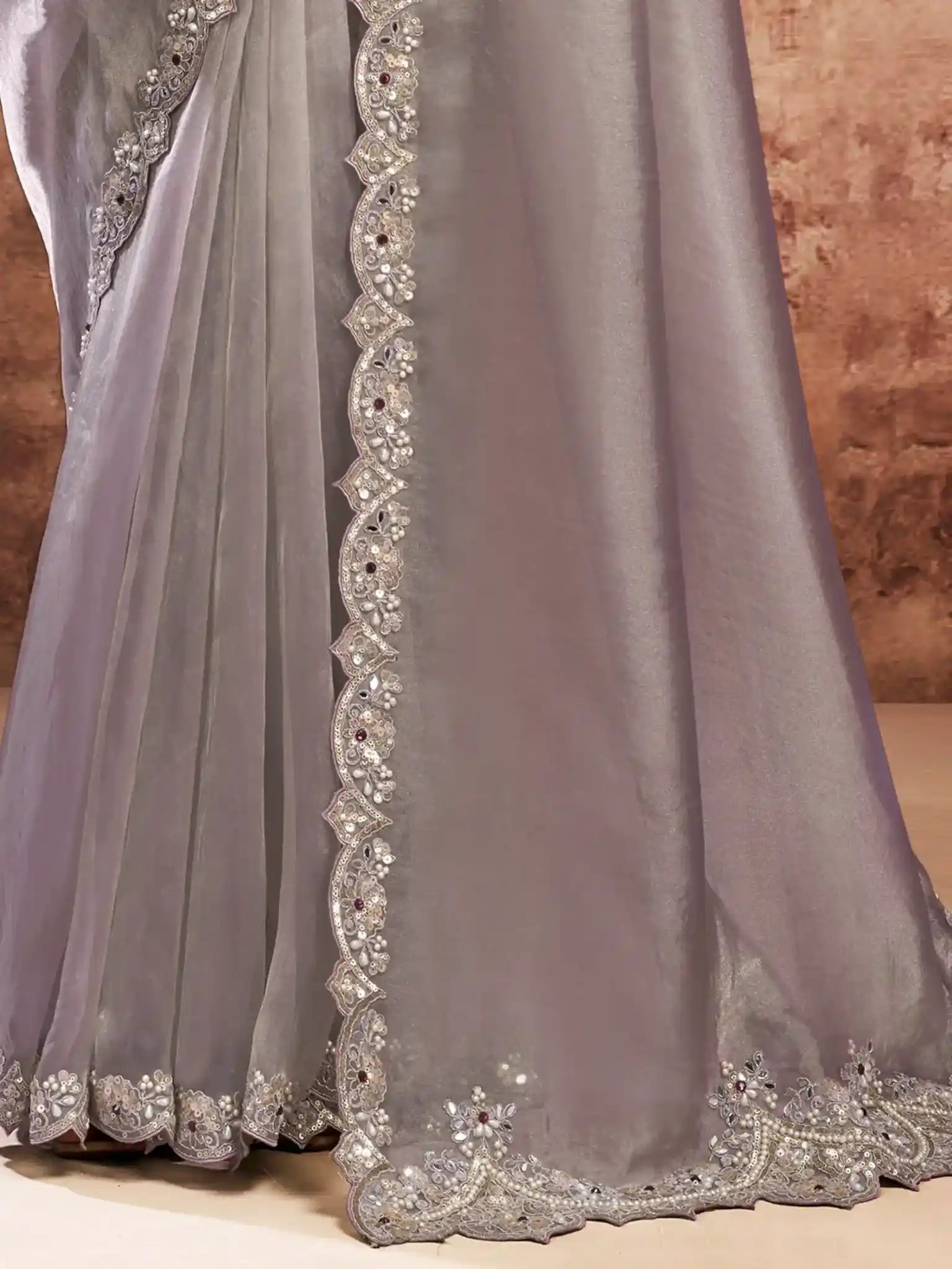 Grey Zari Organza Satin Dual Sequins & Stone Handwork Saree - View 3