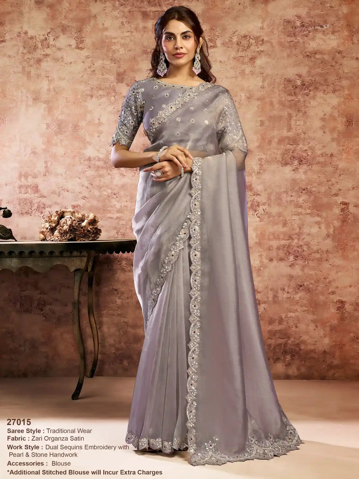 Grey Zari Organza Satin Dual Sequins & Stone Handwork Saree - View 1