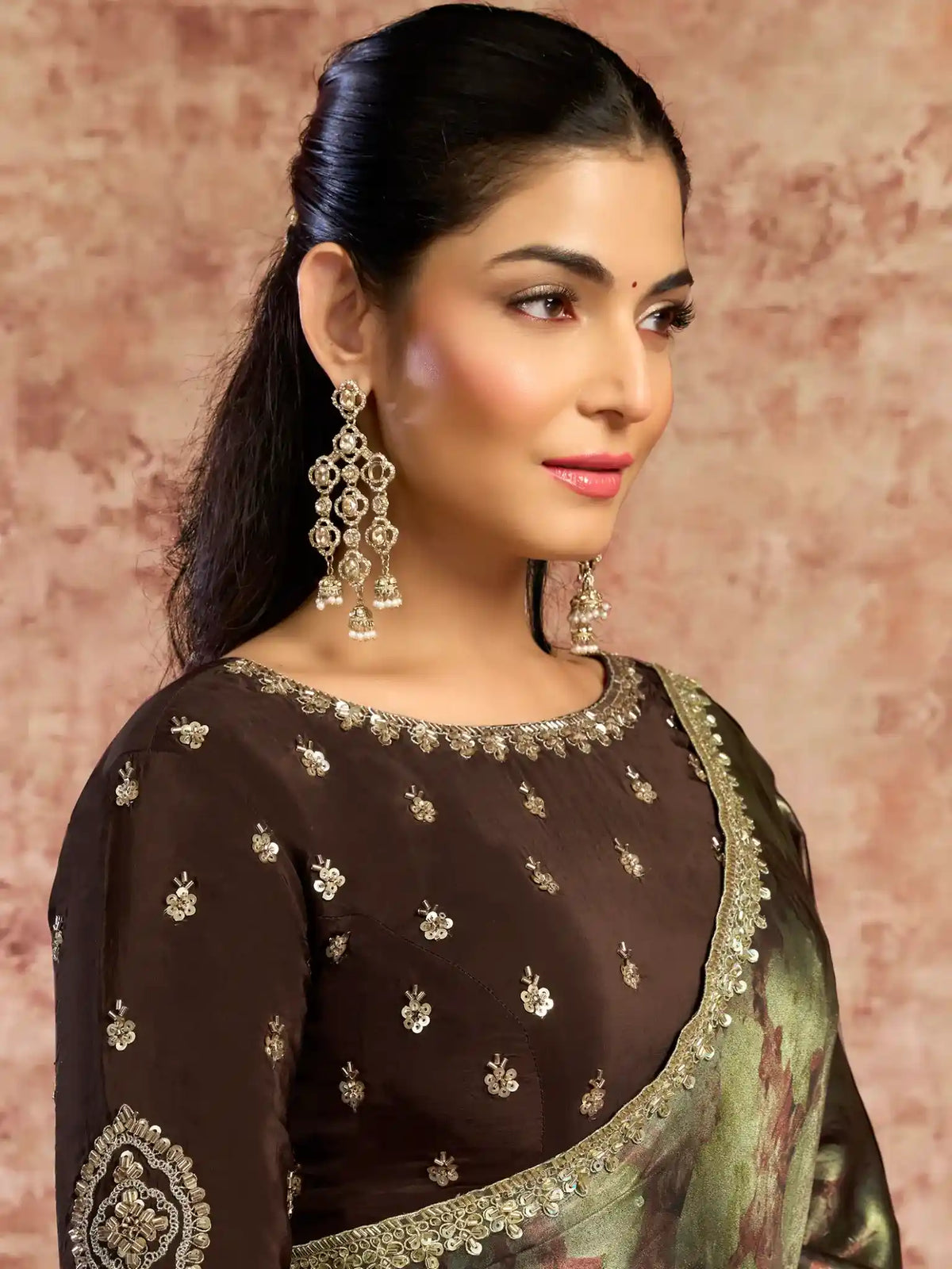 Black Metallic Satin Mono Net Sequins & Beads Embellishment Saree - View 2