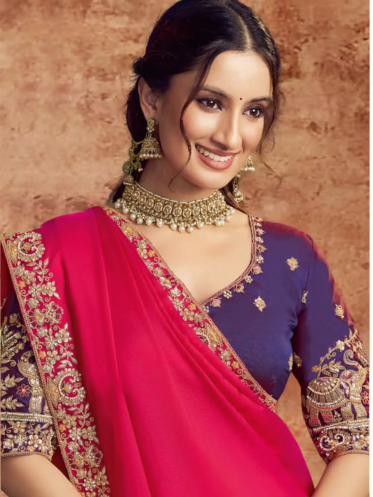 Red Lustrous Satin Silk Zardozi & Sequins Embroidery Saree - View 2