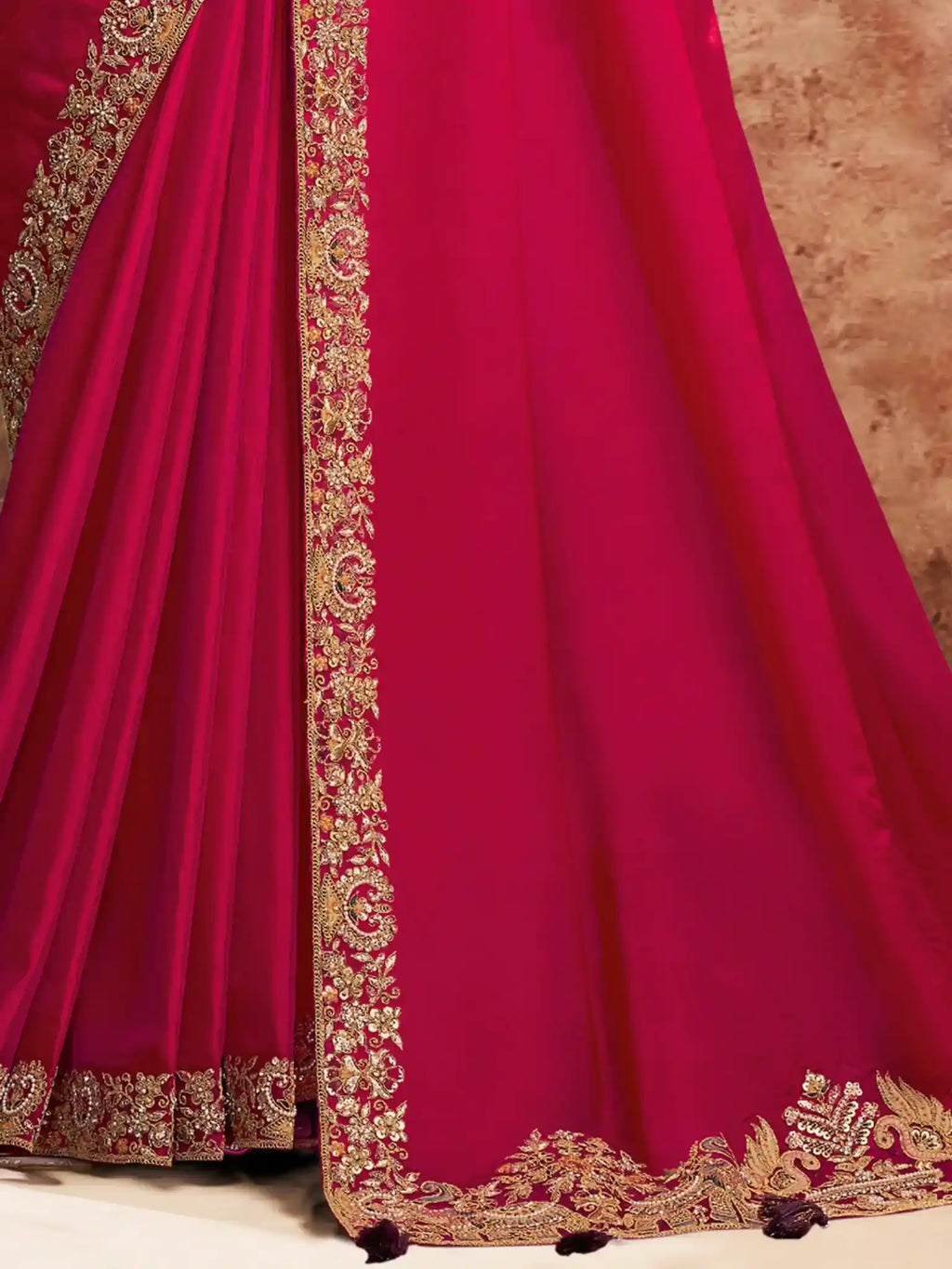 Red Lustrous Satin Silk Zardozi & Sequins Embroidery Saree - View 3