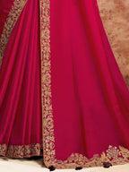 Red Lustrous Satin Silk Zardozi & Sequins Embroidery Saree - View 3