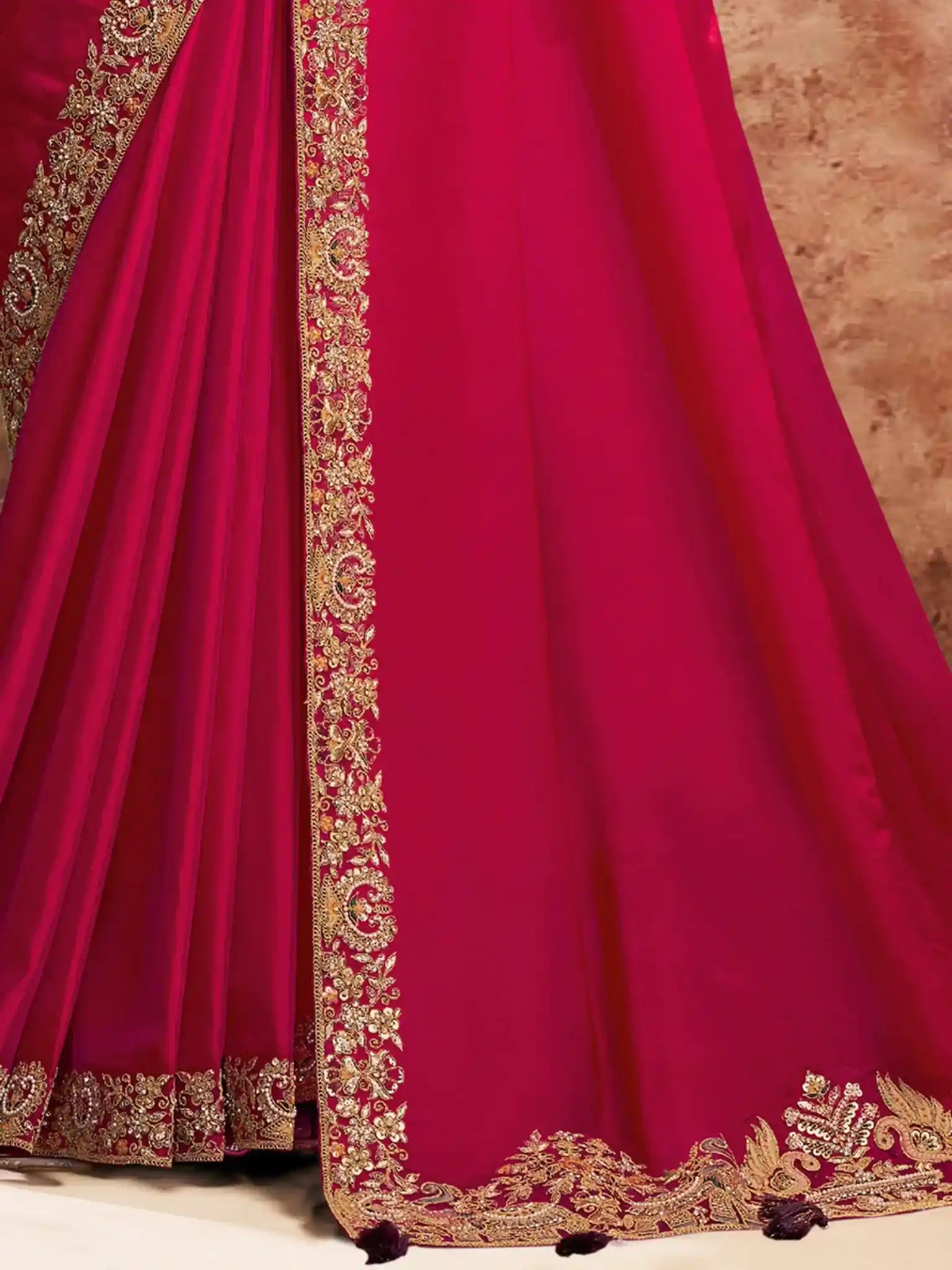 Red Lustrous Satin Silk Zardozi & Sequins Embroidery Saree - View 3