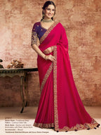 Red Lustrous Satin Silk Zardozi & Sequins Embroidery Saree - View 1