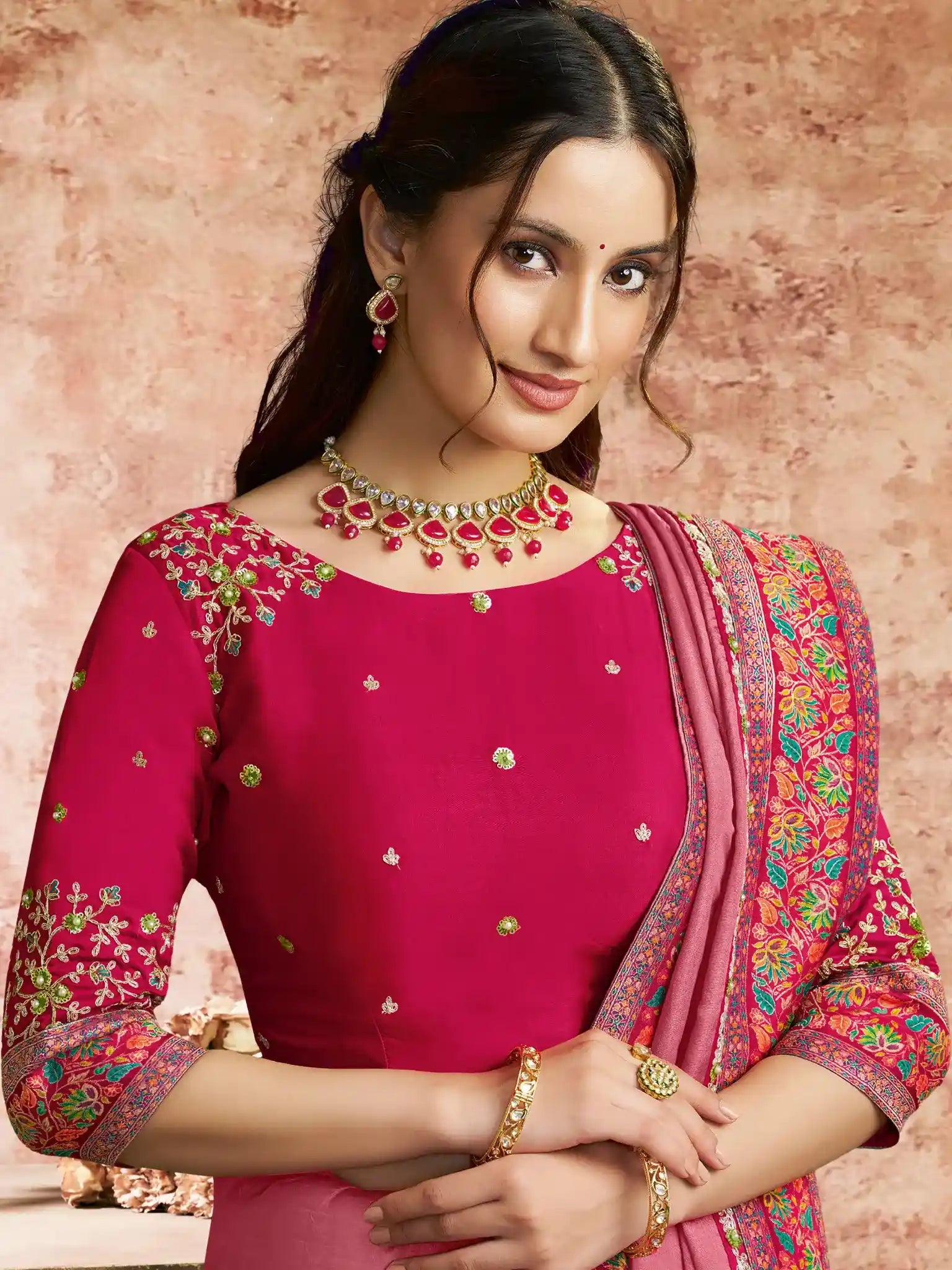 Pink Uppada Silk Multi Thread & Sequins Embroidery Saree - View 2