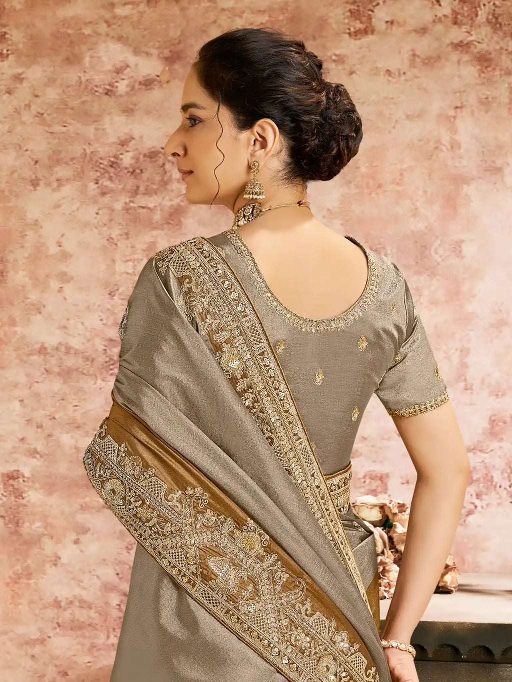 Bronze Kanjivaram Zari Silk Aari & Emerald Stone Embellished Saree - View 2