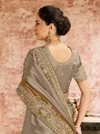 Bronze Kanjivaram Zari Silk Aari & Emerald Stone Embellished Saree - View 2