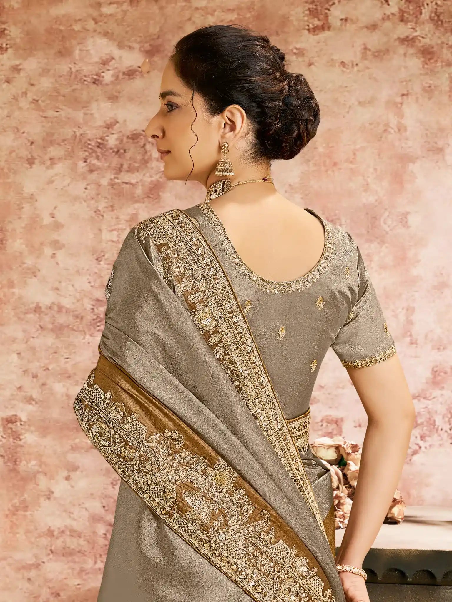 Bronze Kanjivaram Zari Silk Aari & Emerald Stone Embellished Saree - View 2