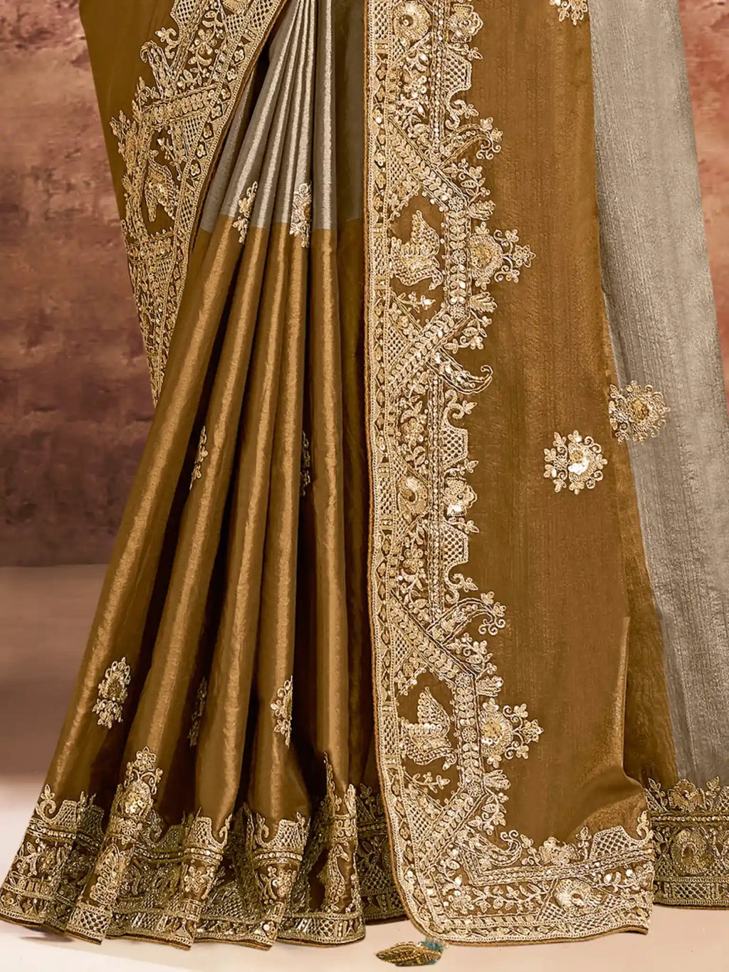 Bronze Kanjivaram Zari Silk Aari & Emerald Stone Embellished Saree - View 3