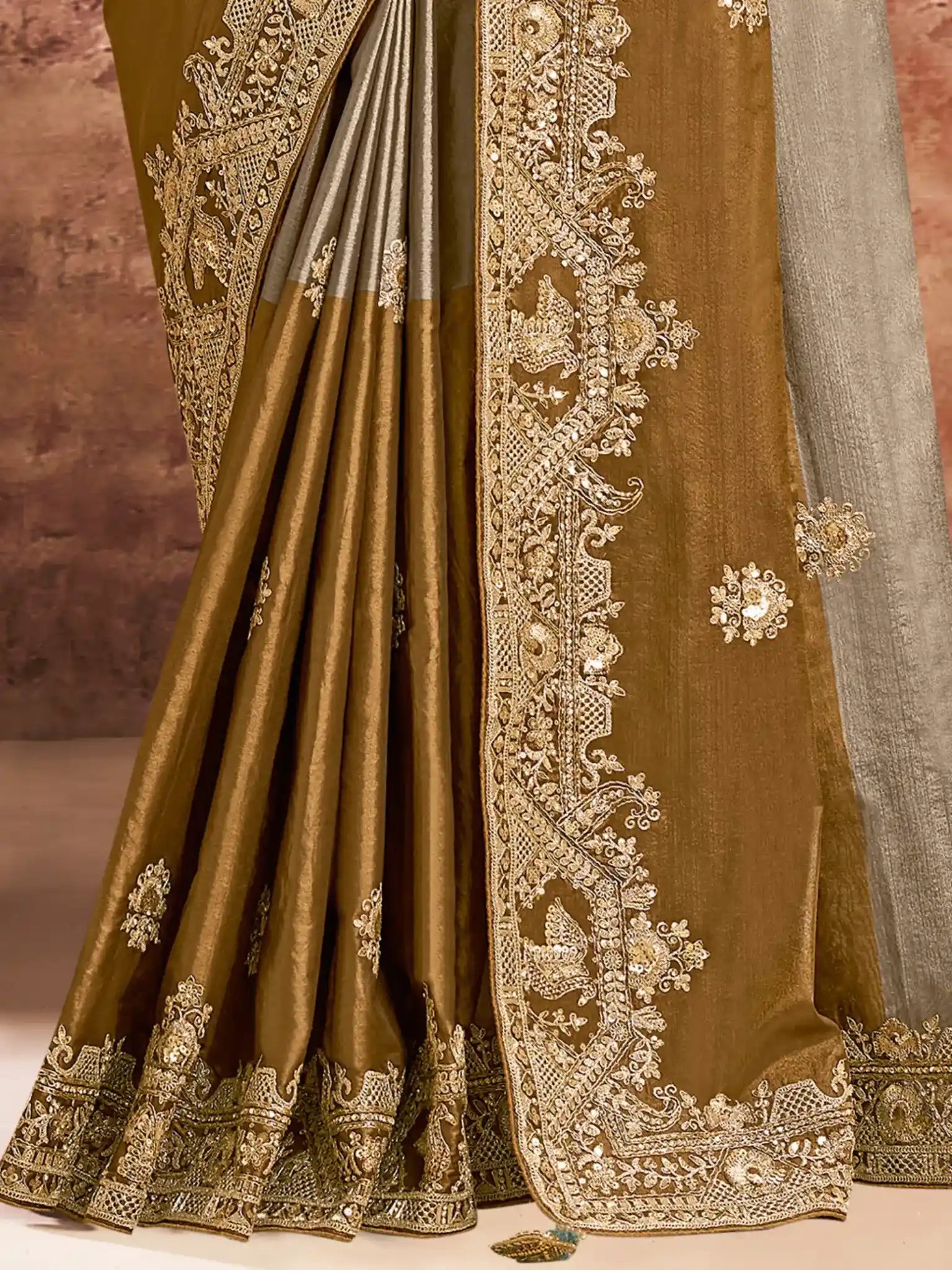 Bronze Kanjivaram Zari Silk Aari & Emerald Stone Embellished Saree - View 3