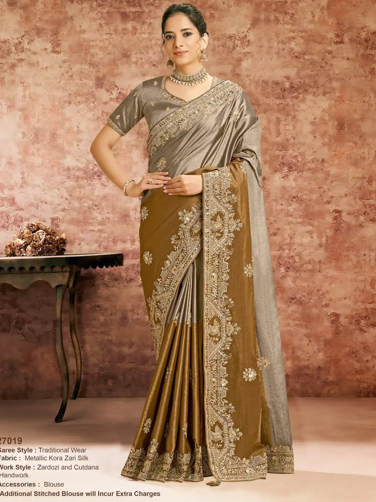 Bronze Kanjivaram Zari Silk Aari & Emerald Stone Embellished Saree - View 1