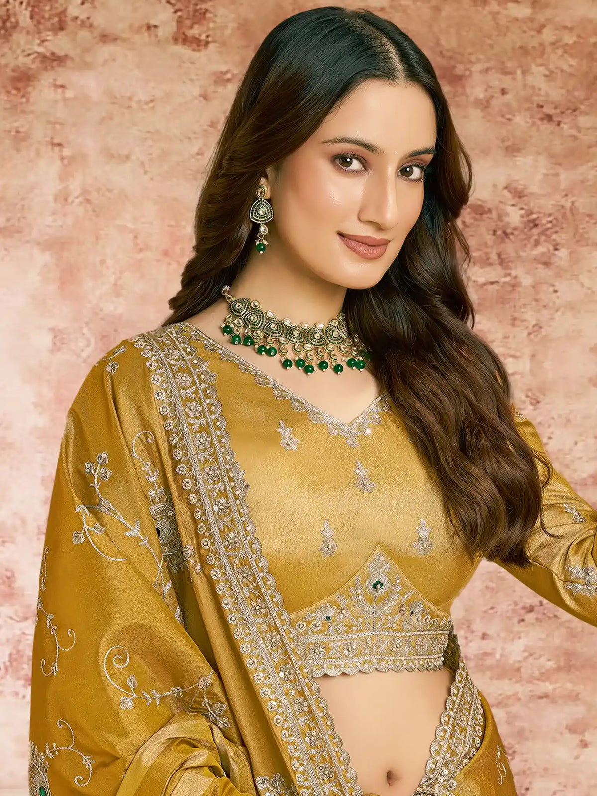 Mustard Yellow Kora Zari Tissue Silk Aari & Zardozi Handwork Saree - View 2