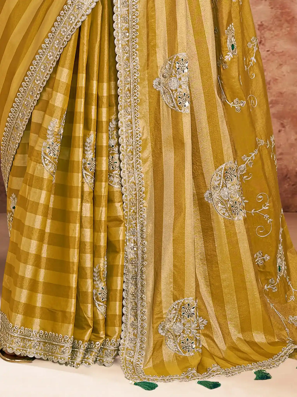 Mustard Yellow Kora Zari Tissue Silk Aari & Zardozi Handwork Saree - View 3