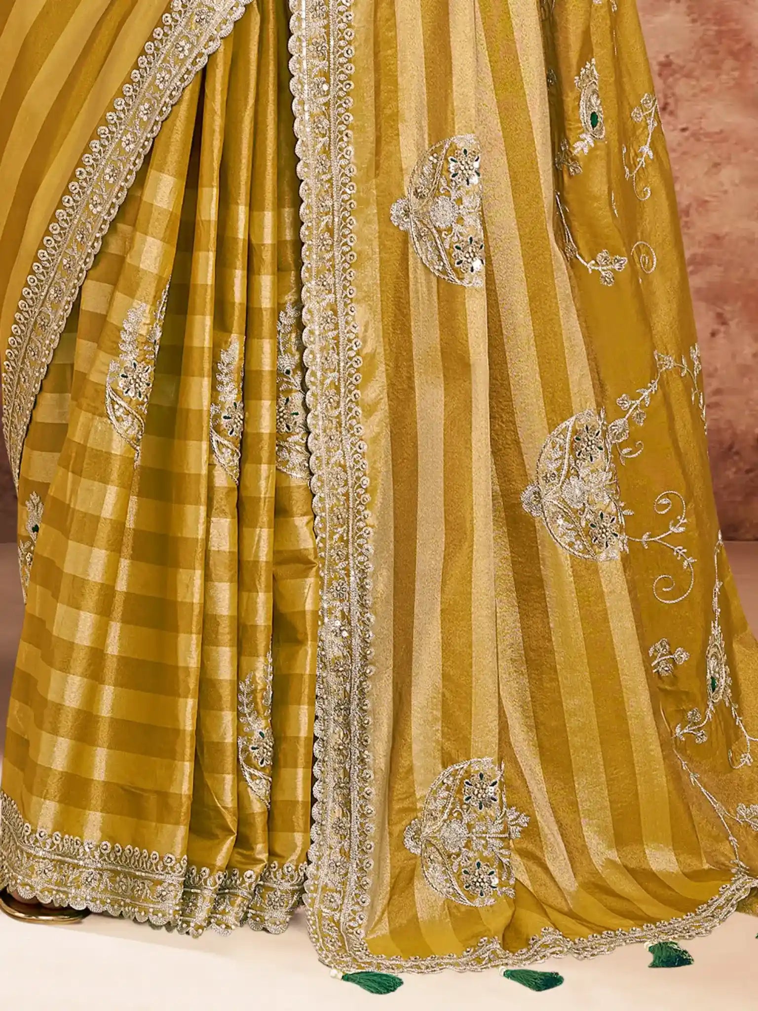 Mustard Yellow Kora Zari Tissue Silk Aari & Zardozi Handwork Saree - View 3