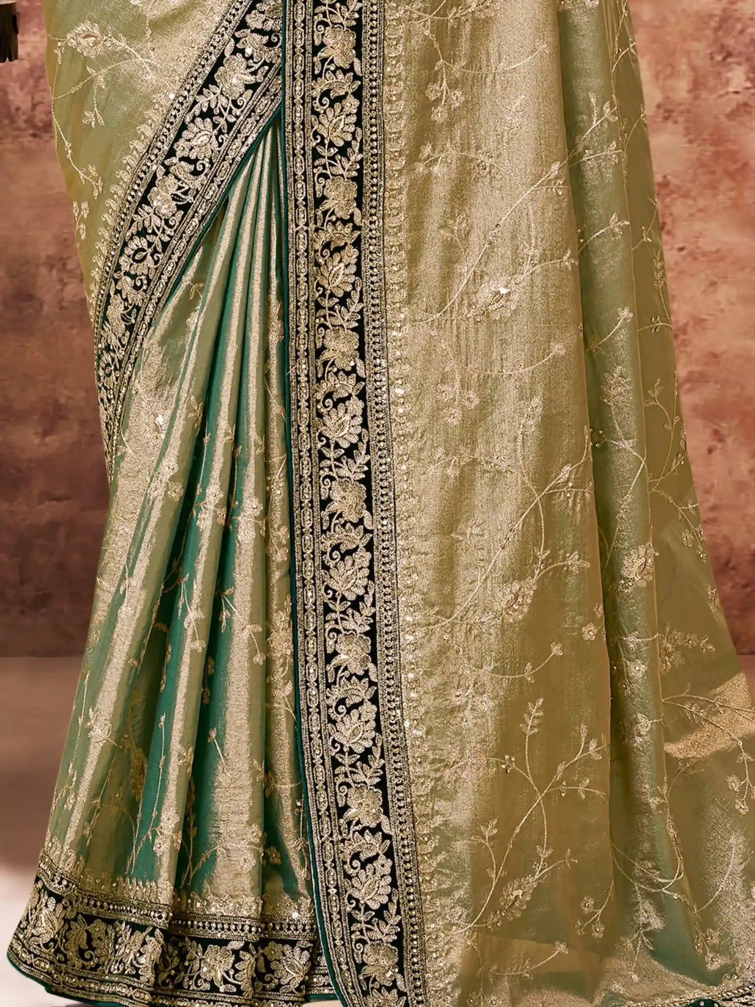 Mint Green Handwoven Zari Tissue Sequins & Swarovski Embroidery Saree - View 3