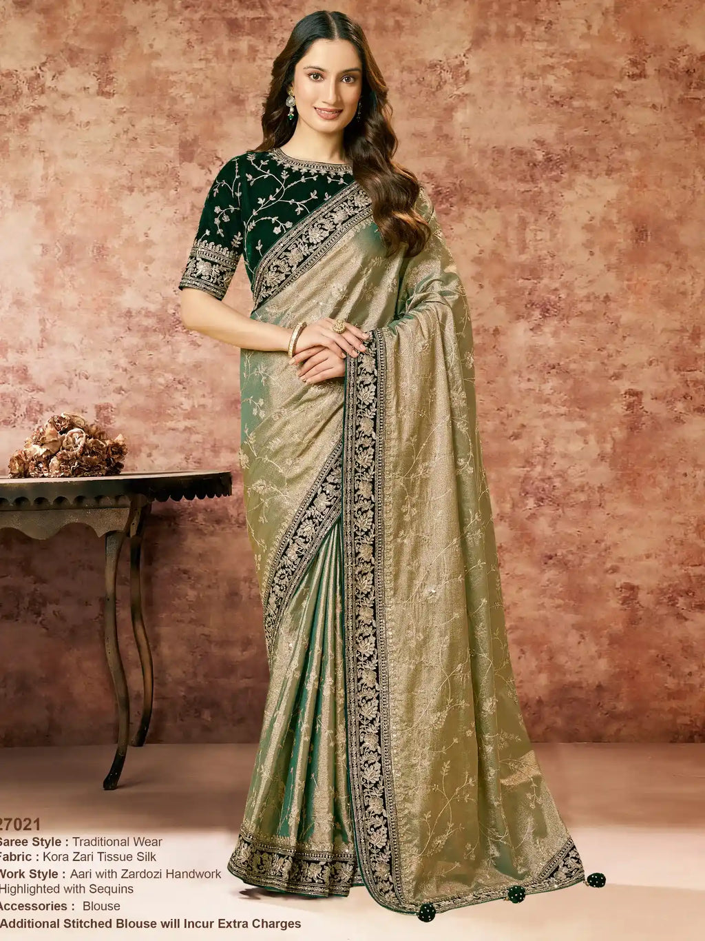 Mint Green Handwoven Zari Tissue Sequins & Swarovski Embroidery Saree - View 1