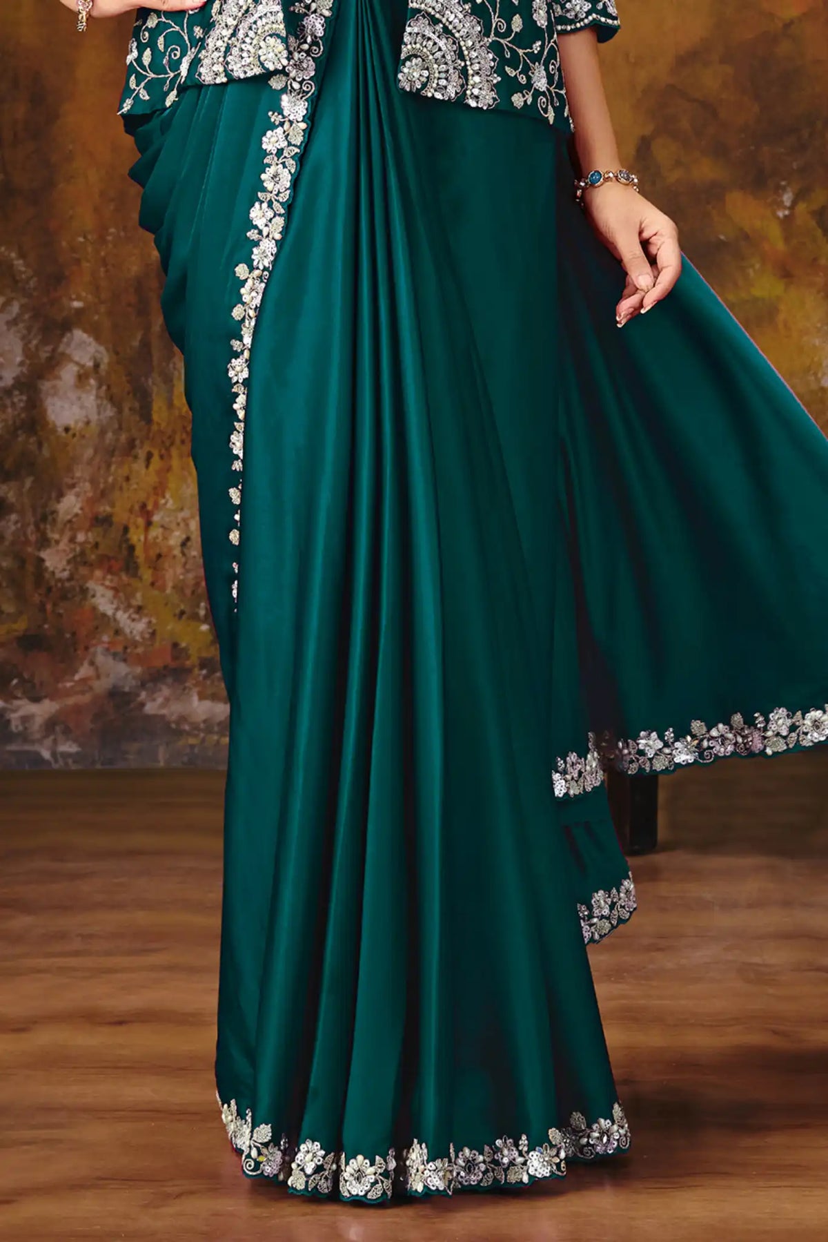 Bottle Green Drape Saree view 6