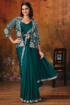 Bottle Green Drape Saree view 4
