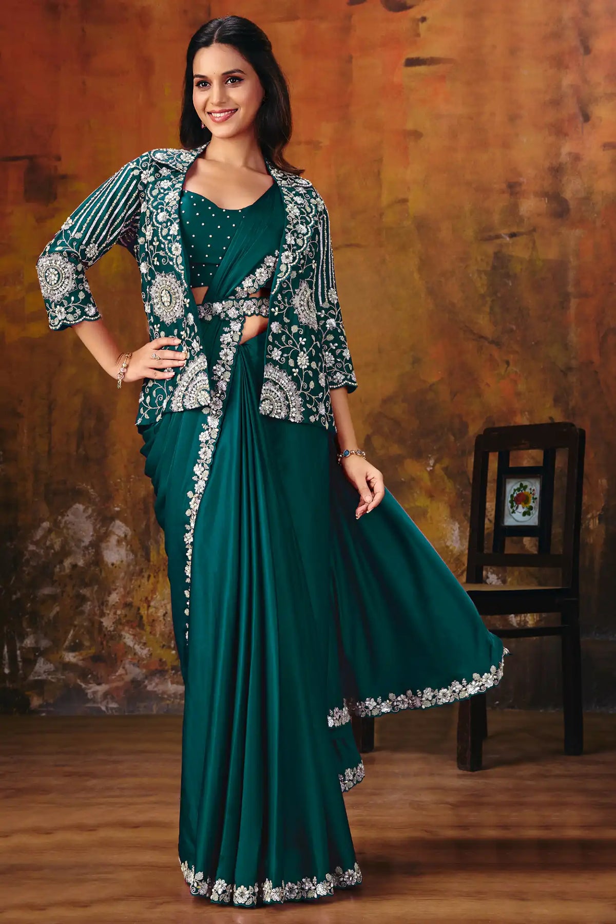 Bottle Green Drape Saree view 4